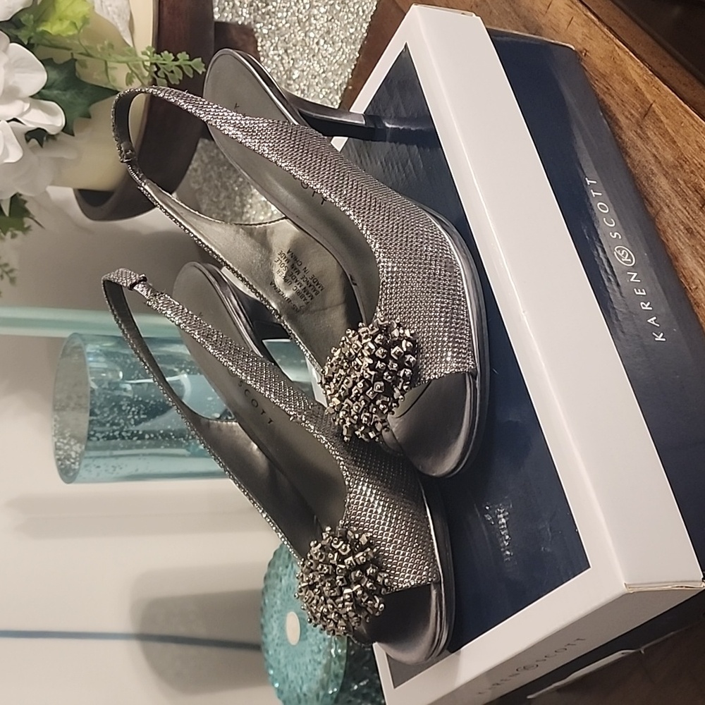 Pewter peep toe heels